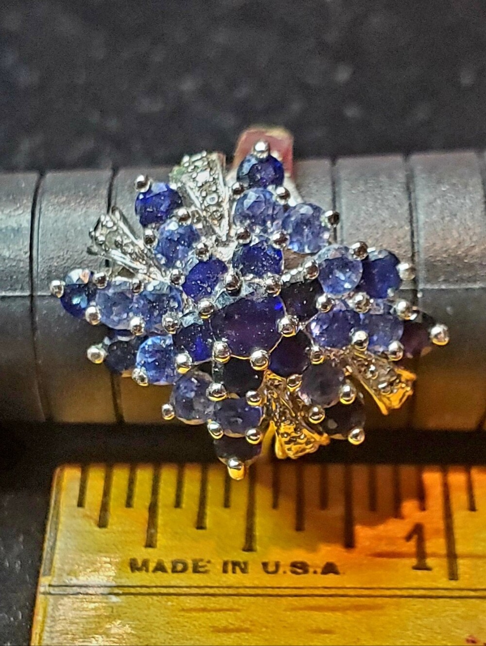 Cluster Cocktail Ring Genuine White and Blue Sapphire 925 Sterling Silver.